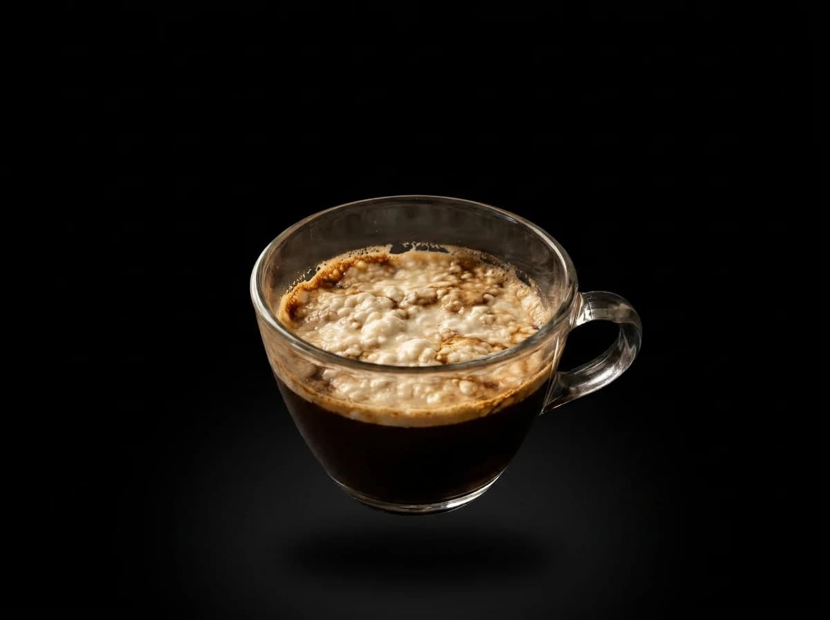 Regular whey in hot coffee — cottage-cheese clumps on the surface, top-down view of a clear glass cappuccino mug on an oak café bar